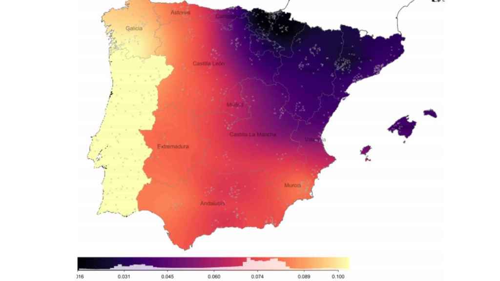 La proporción de ancestros norteafricanos en España, más intensa cuanto más claro el color.