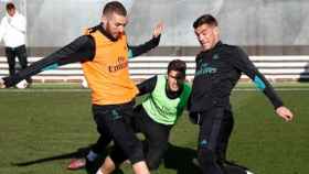 Benzema y Theo, en el entrenamiento del Real Madrid