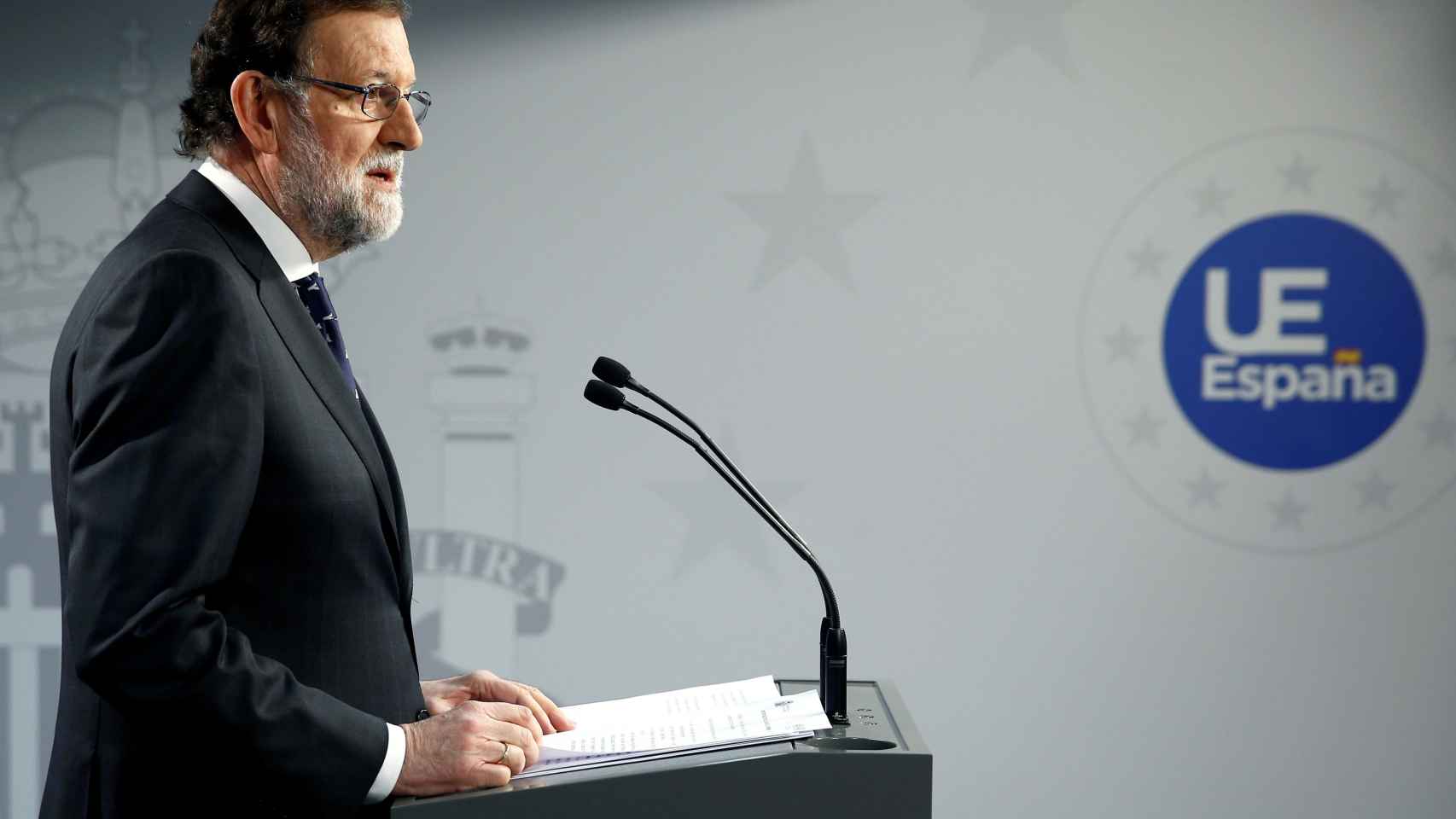 El presidente Rajoy, durante la rueda de prensa final de la cumbre de la UE