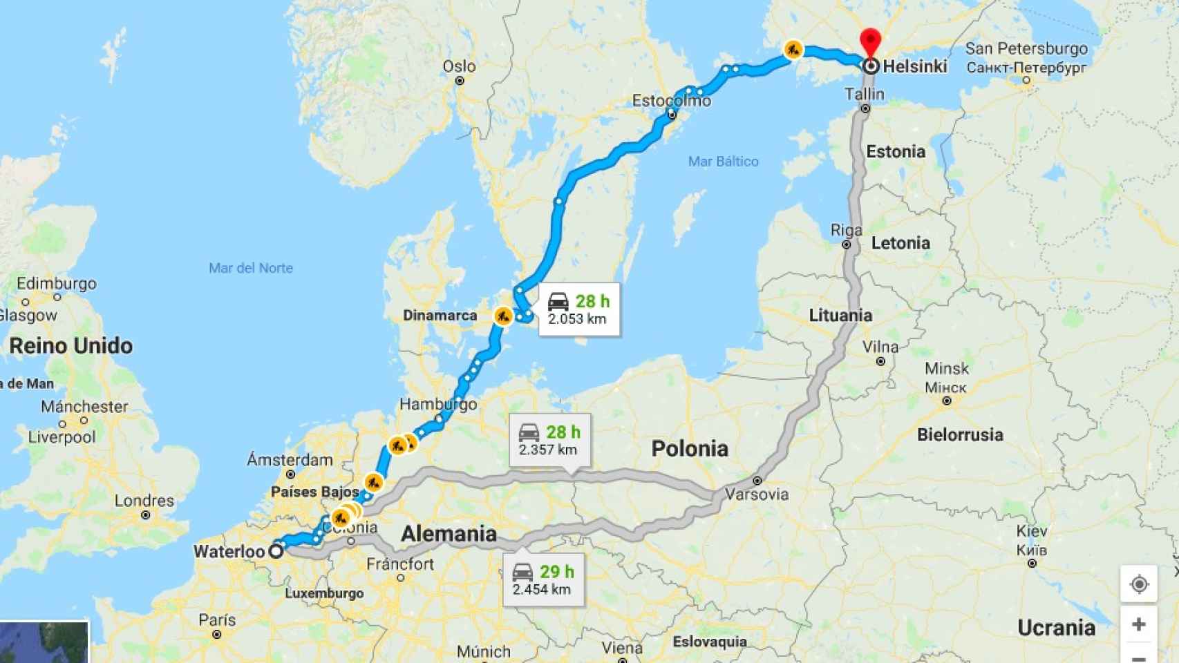 Posibles trayectos desde Helsinki a Waterloo, en Bruselas.