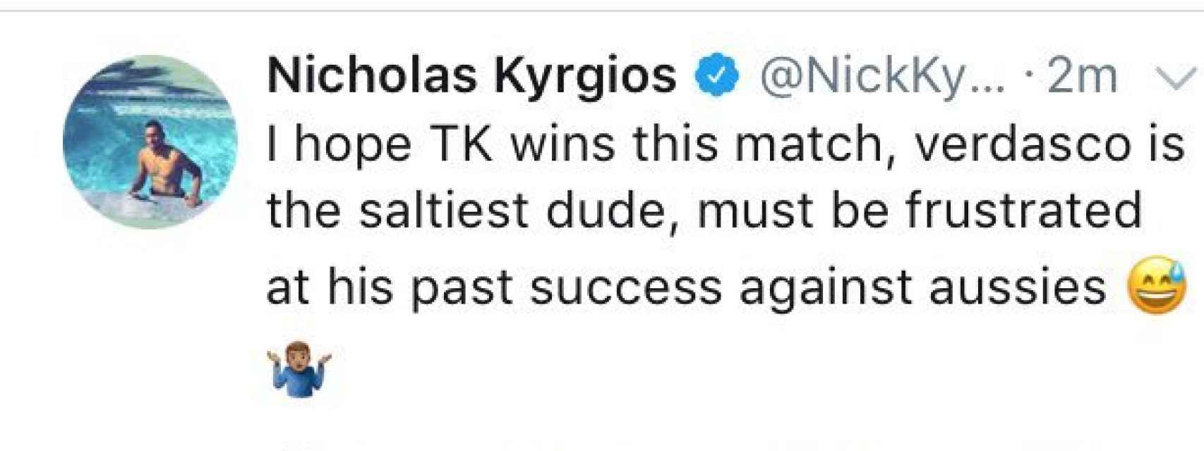 El primer tuit de Nick Kyrgios contra Verdasco, luego borrado.