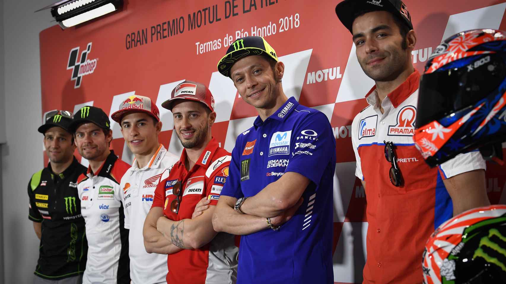 Los pilotos de MotoGP que han asistido a la rueda de prensa del GP de Argentina.