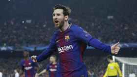 Messi celebra su primer gol ante el Chelsea. Foto: Twitter (@FCBarcelona_es)