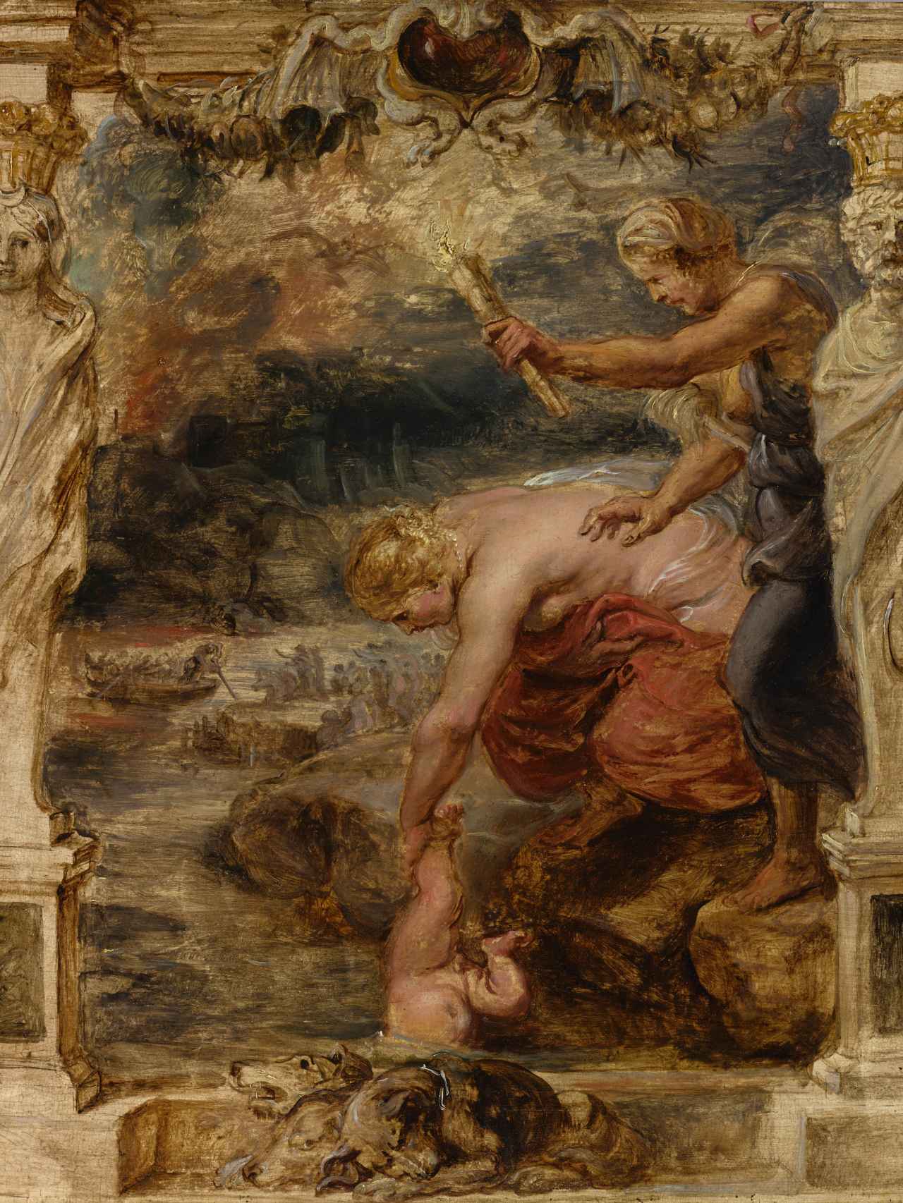 Tetis introduciendo al pequeño Aquiles en el río Estigia, boceto de Rubens, 1635.