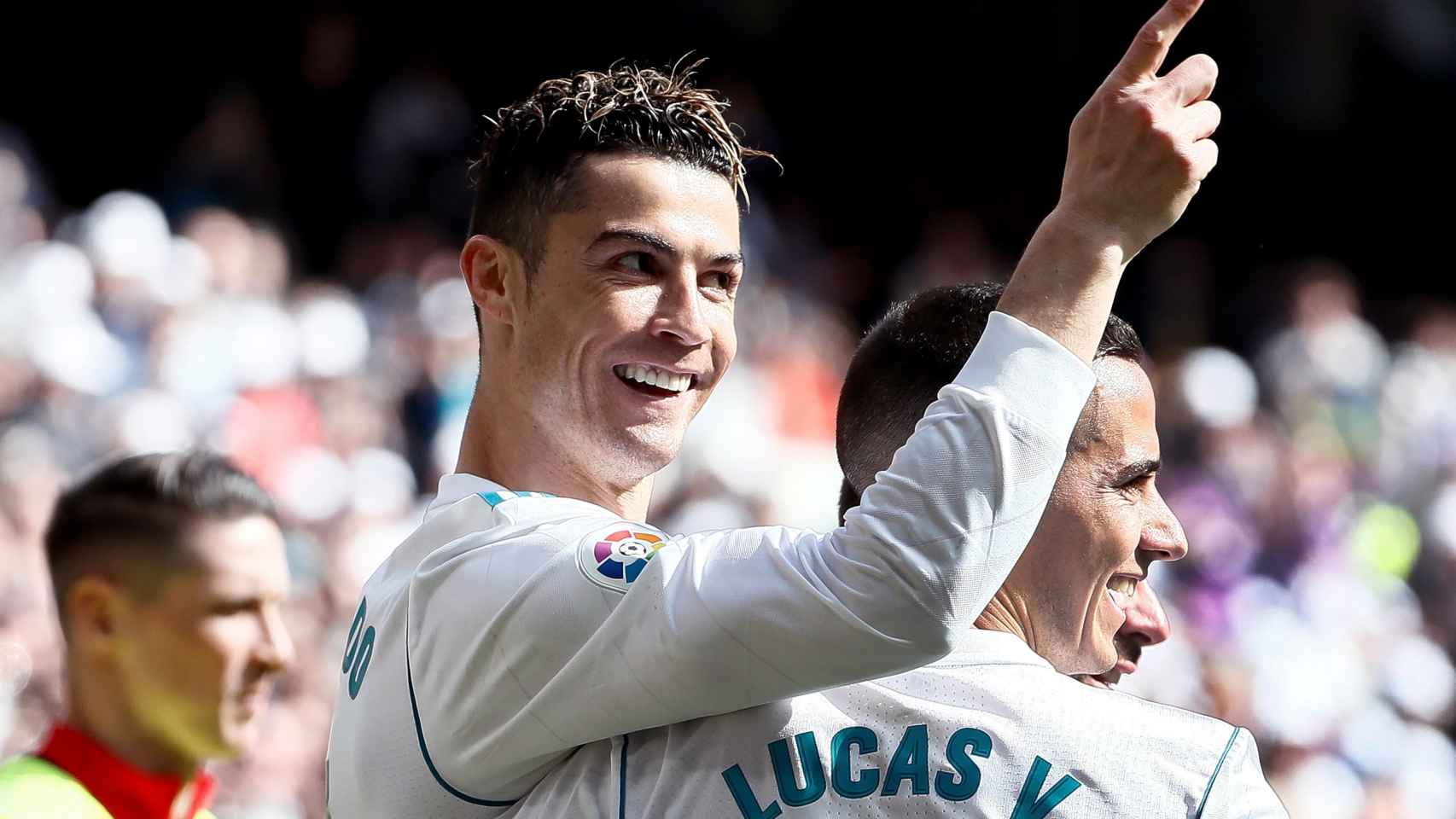 Cristiano Ronaldo celebra su gol al Atlético de Madrid en el último partido de liga del Real Madrid.