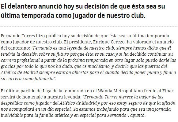 Fernando Torres anuncia su marcha del Atlético de Madrid