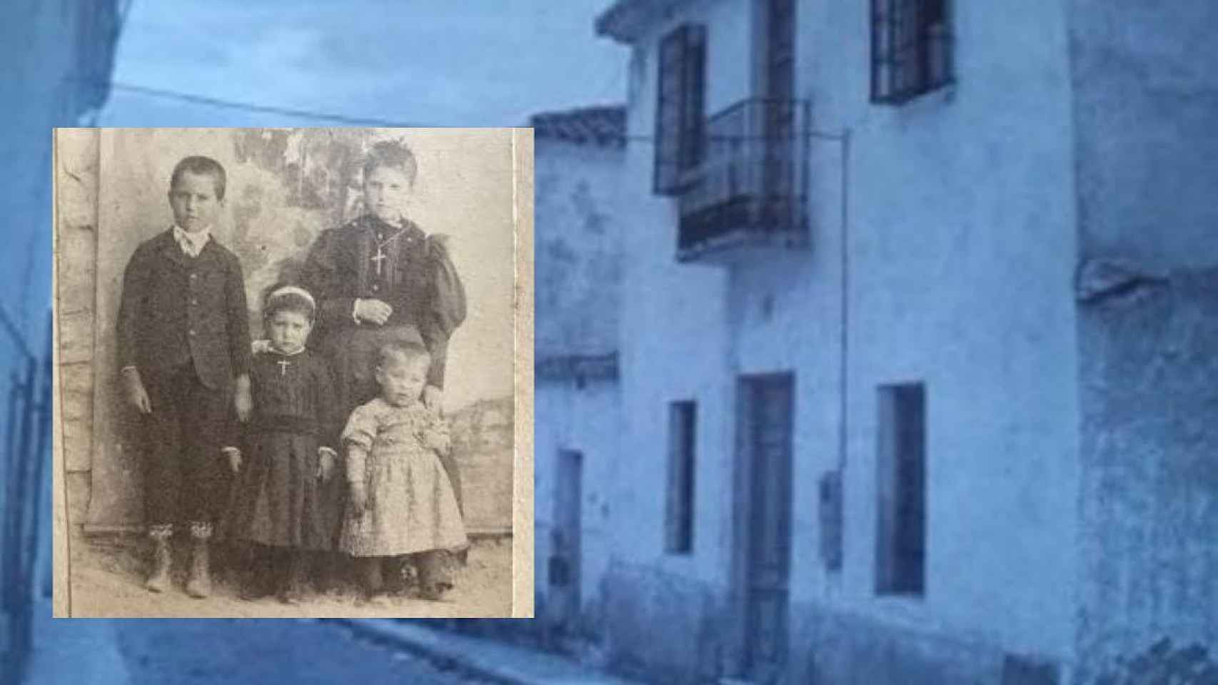 María Francisca, la adolescente asesinada en 1904 (arriba a la derecha) junto a tres hermanos. En la misma imagen, la casa en la que residieron Los Rufino.