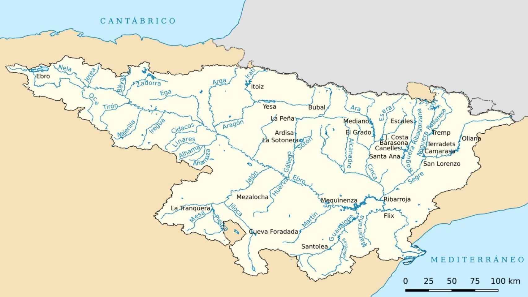 El Ebro, sus afluentes, y los principales embalses de la Cuenca Hidrográfica.