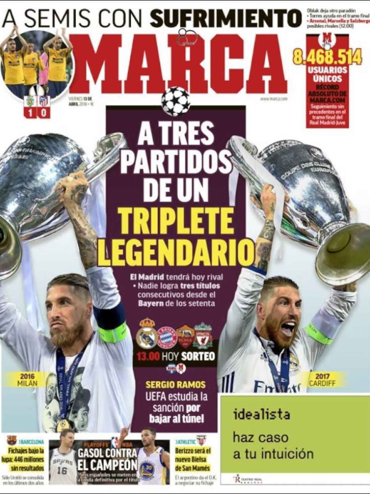 MARCA abre con la posibilidad de que el Real Madrid gane su tercera Champions consecutiva.