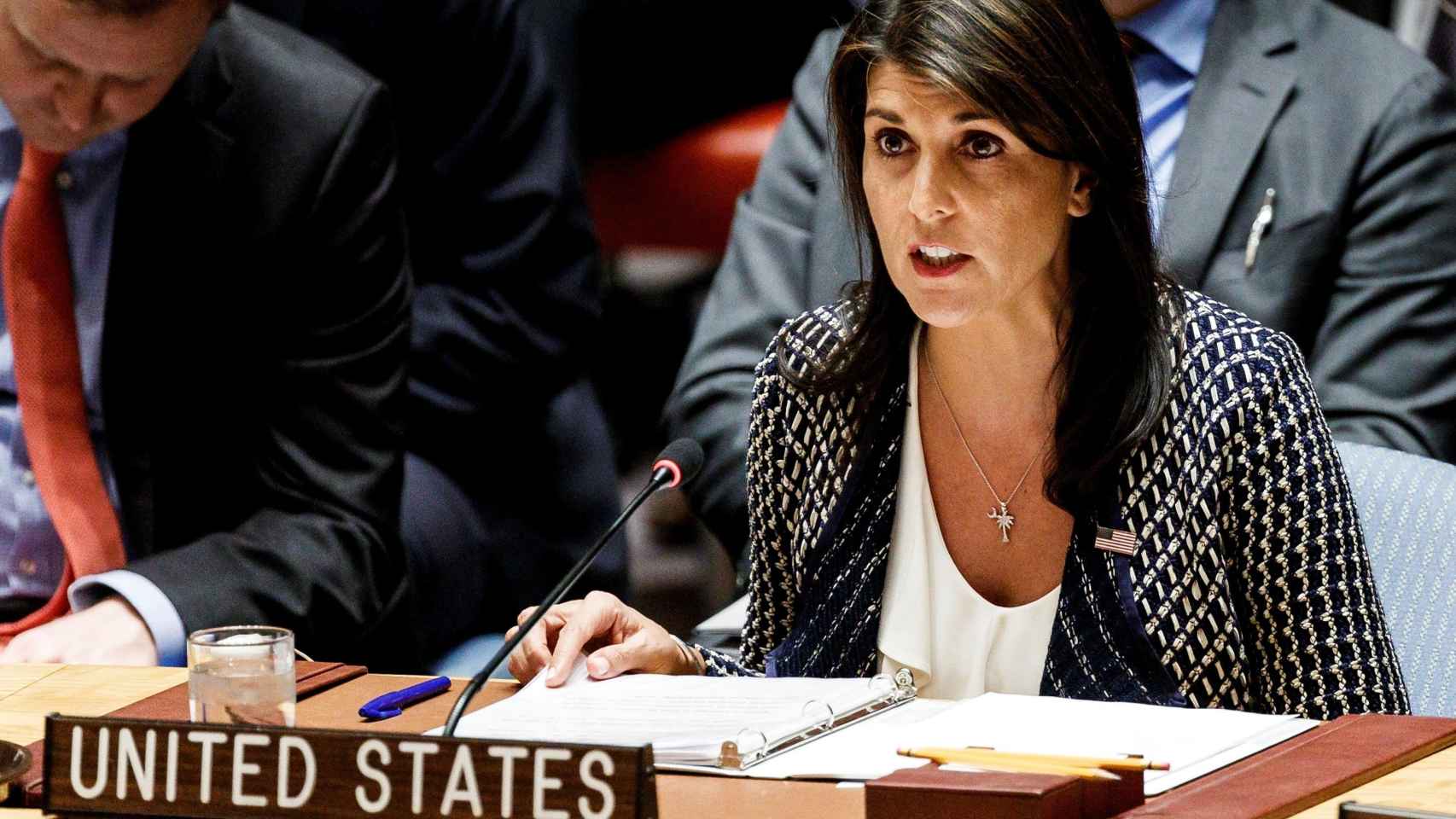 Nikki Haley, embajadora estadounidense ante la ONU durante una reunión del Consejo de Seguridad.