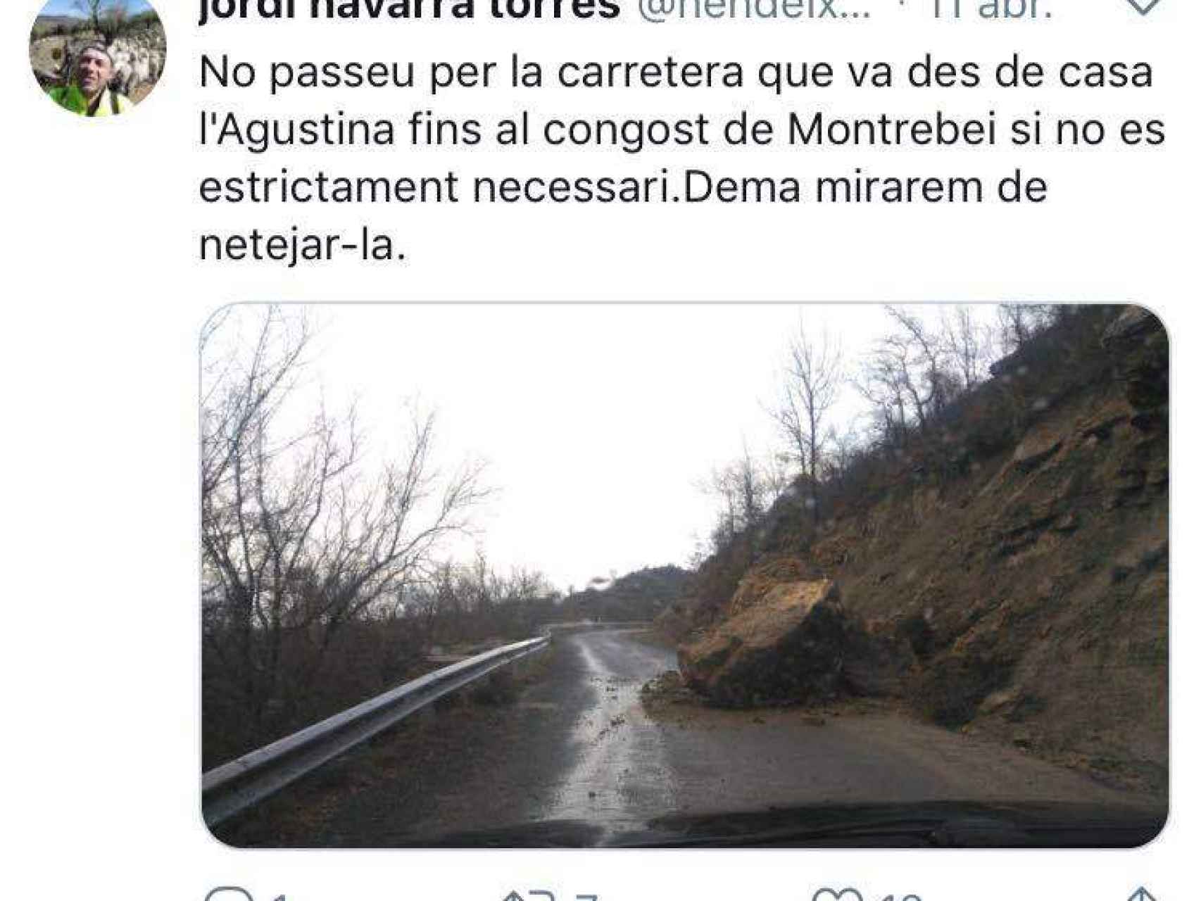Tweet de Jordi Navarra, alcalde de Sant Esteve de la Sarga alertando del peligro de la carretera