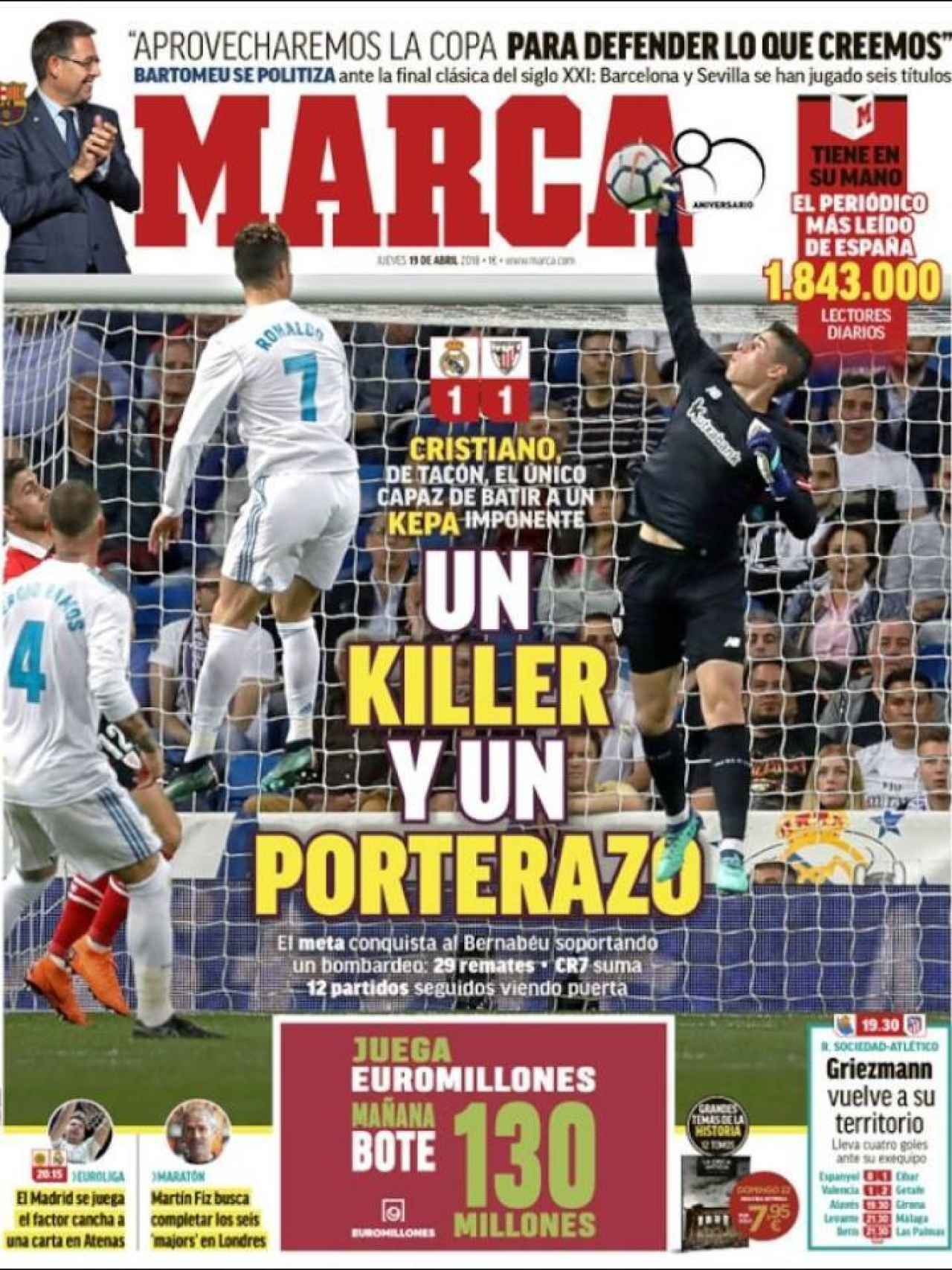 MARCA abre con la gran actuación de Kepa en el Bernabéu, así como el gol de tacón de Cristiano.