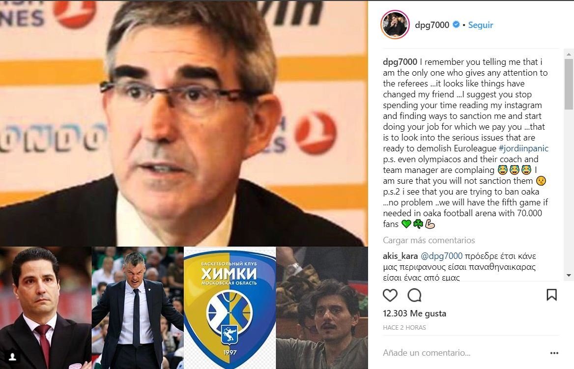 Mensaje del Presidente del Panathinaikos, en su Instagram.
