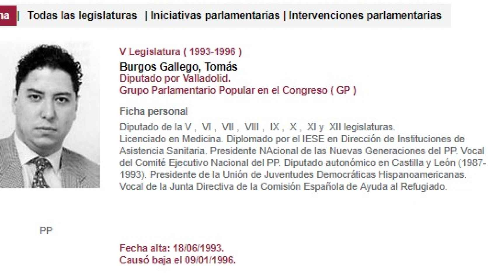 Primera ficha de Tomás Burgos en el Congreso con la licenciatura que no tiene.
