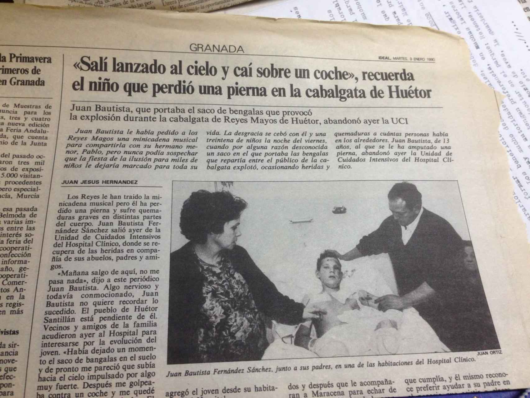 Recorte del periódico IDEAL que aún conserva Manuel Hita, antiguo corresponsal en Huétor, del suceso en el que Juan Bautista Fernández perdió la pierna izquierda.