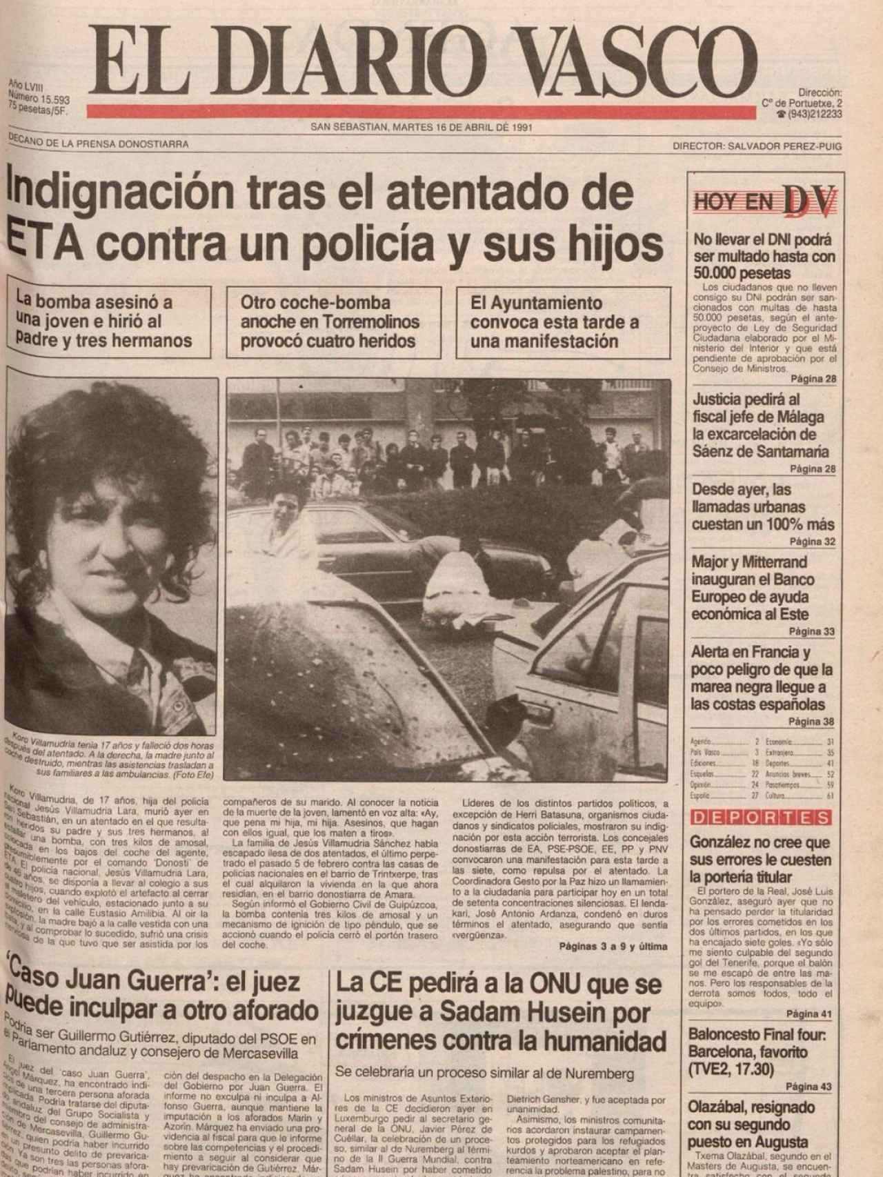 Portada del Diario Vasco tras el atentado contra los Villamudria.