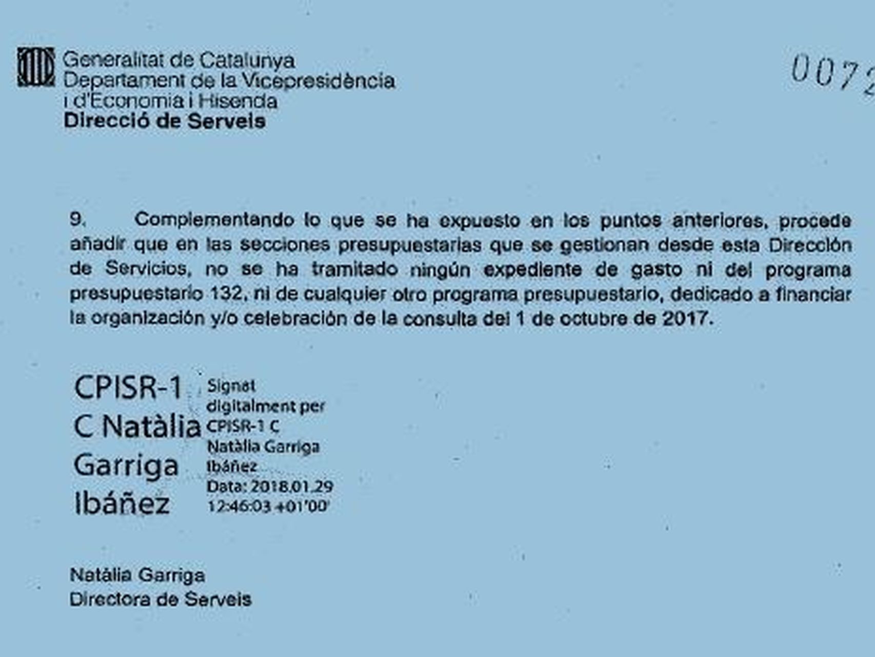 Certificación de Natalia Garriga del pasado 29 de enero.