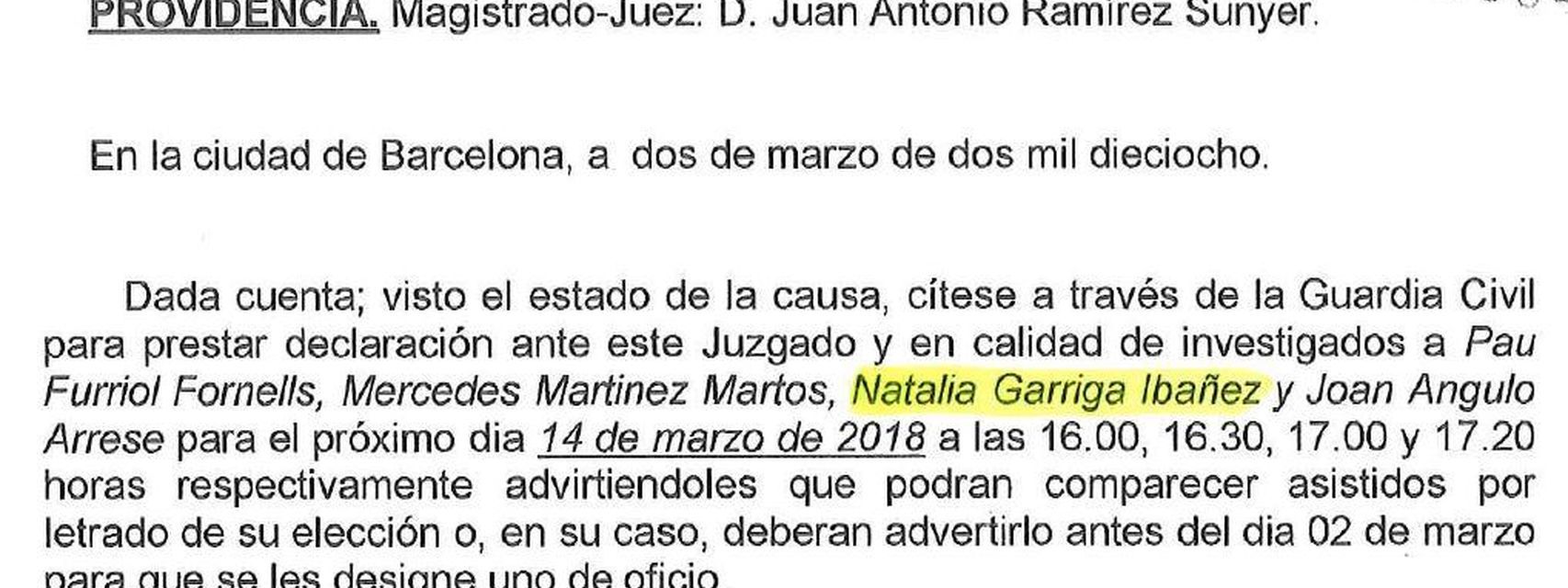 Garriga, citada como investigada.