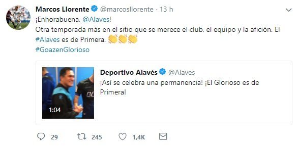 Tuit de Marcos Llorente felicitando al Alavés por la permanencia
