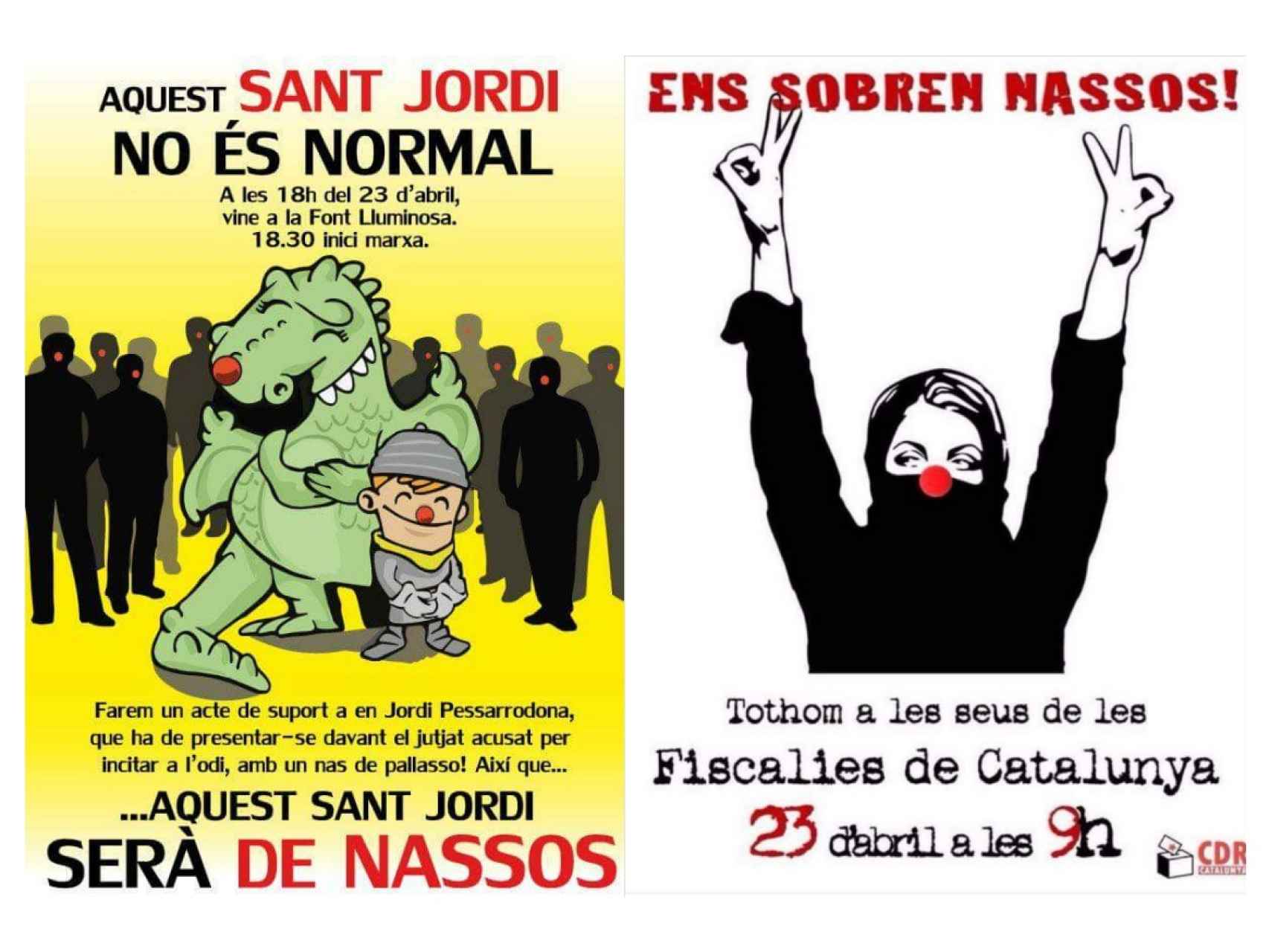 A la izquierda, la convocatoria al acto de Sant Jordi en Figueras; a la derecha, el cartel sobre los fiscales.