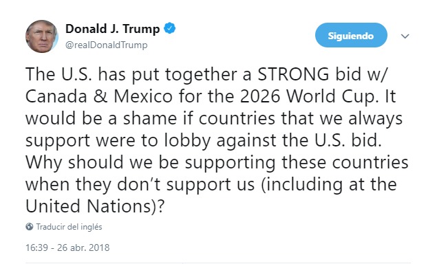 Trump amenaza a los países que no apoyen la candidatura de EEUU para el Mundial de 2026