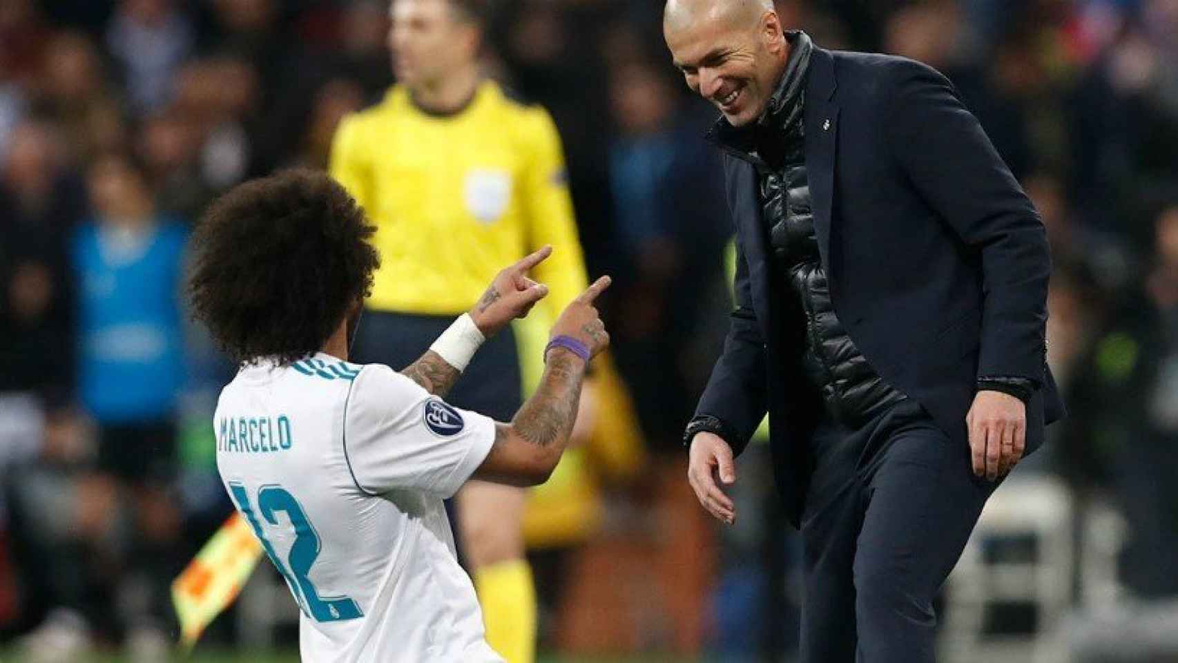 Marcelo celebra su gol al PSG con Zidane