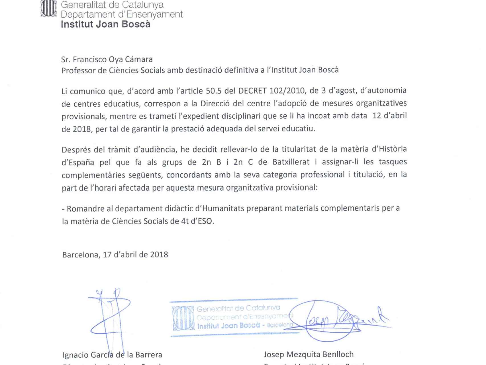 Con esta carta el director del instituto Joan Boscà le comunicó a Oya su relevo.