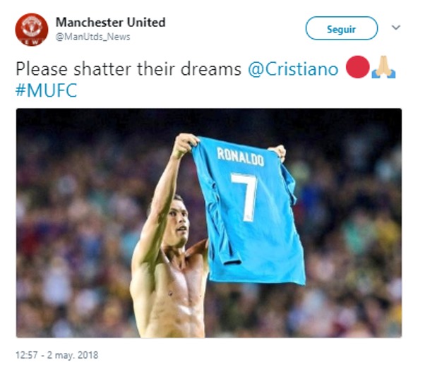 Tuit de un seguidor del United pidiendo a Cristiano que gane al Liverpool