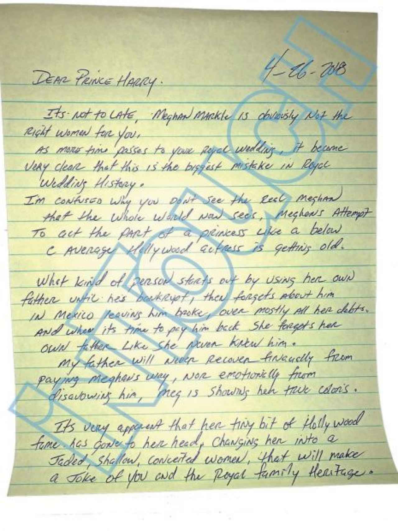 Carta de Thomas Markle dirigida a Harry.