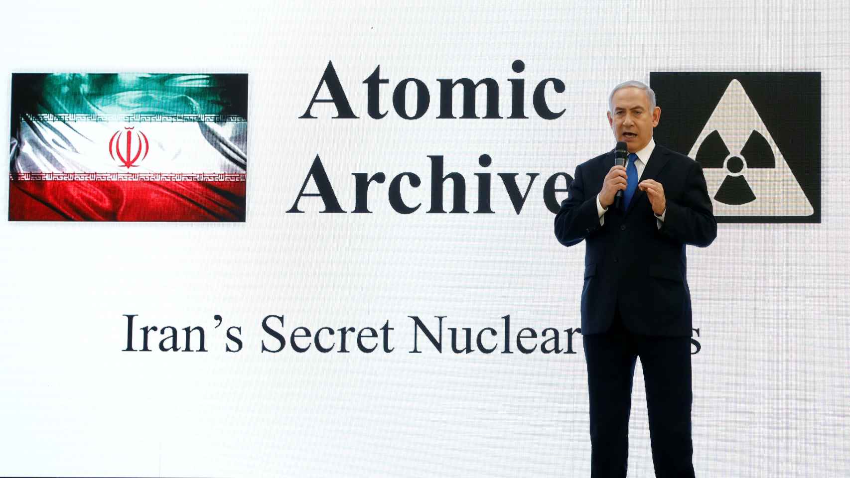 Netanyahu, en la presentación del presunto plan nuclear secreto iraní.
