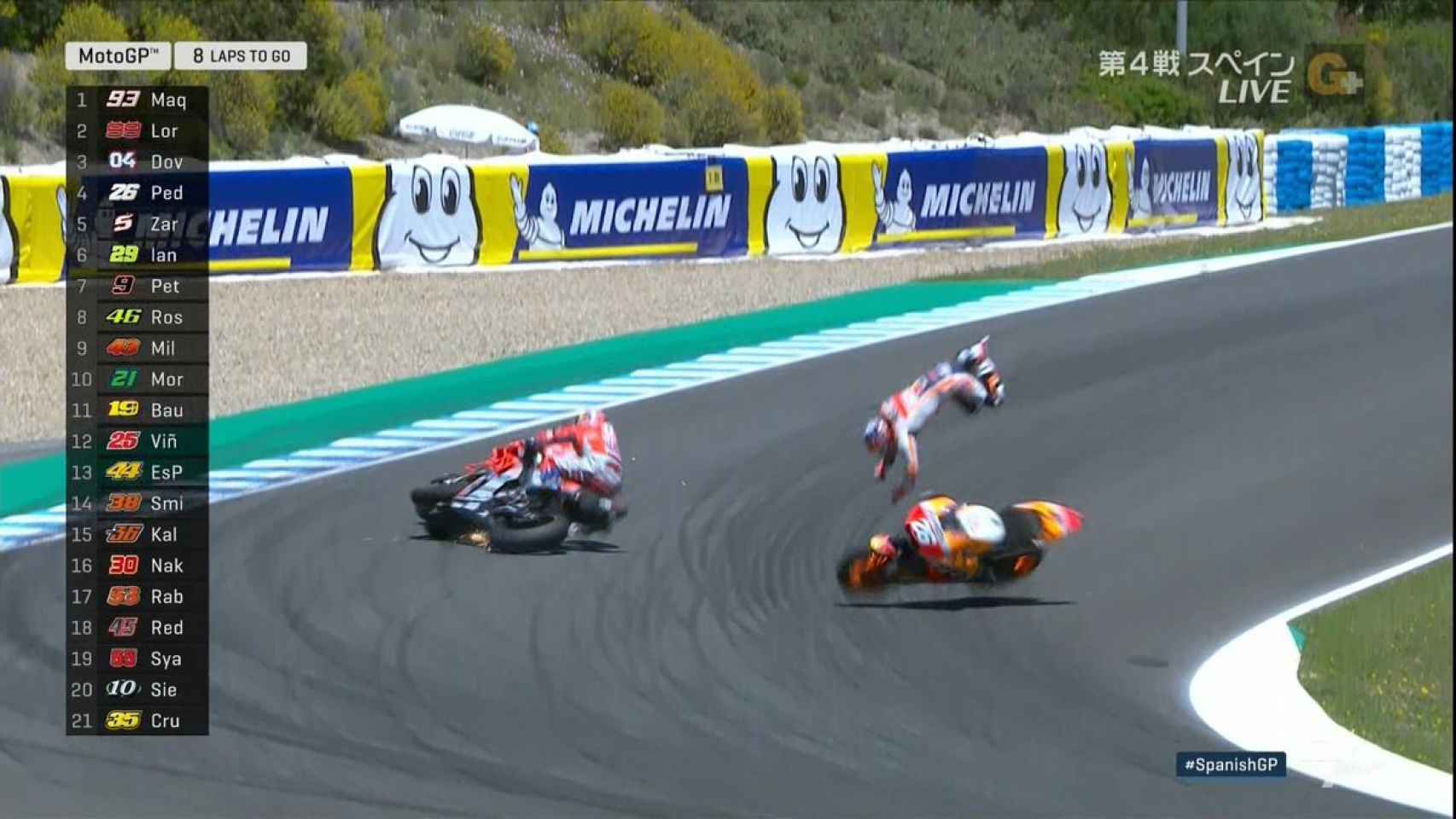 Momento del accidente entre Lorenzo, Pedrosa y Dovizioso en el GP de España en Jerez.
