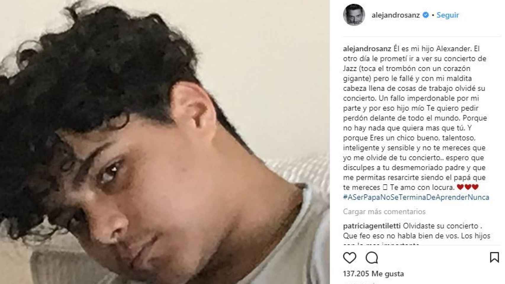 Captura de la publicación de Instagram de Alejandro Sanz.