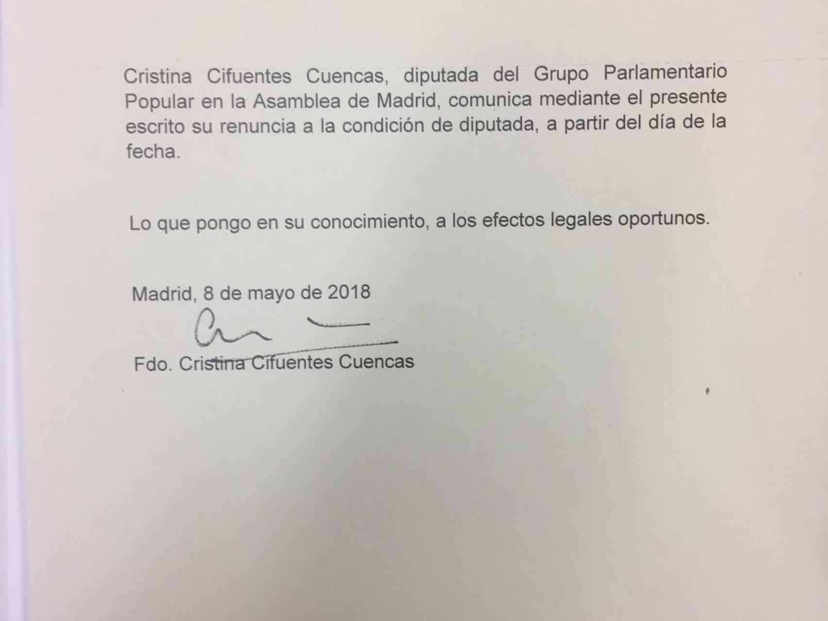 Carta de renuncia del acta de Cristina Cifuentes.