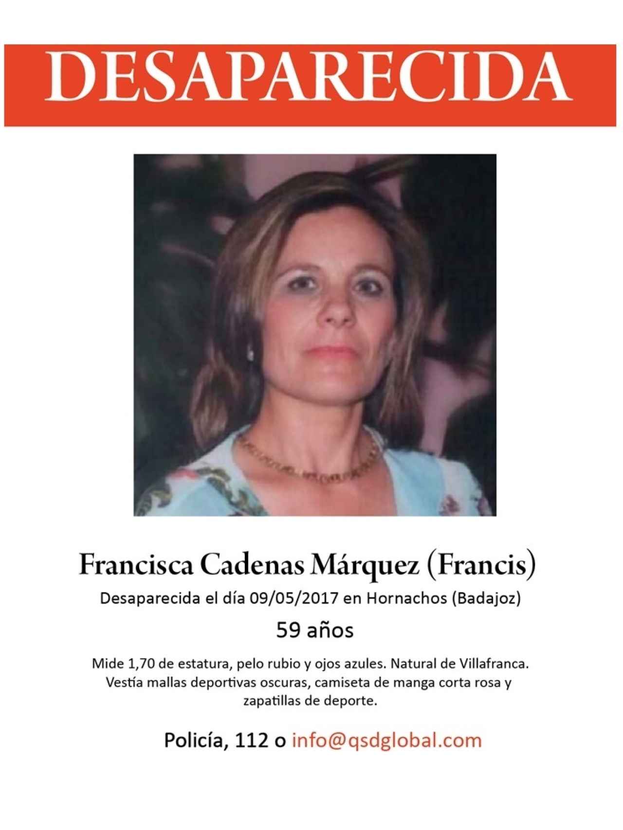 Cartel alertando de la desaparición de Francisca Cadenas.