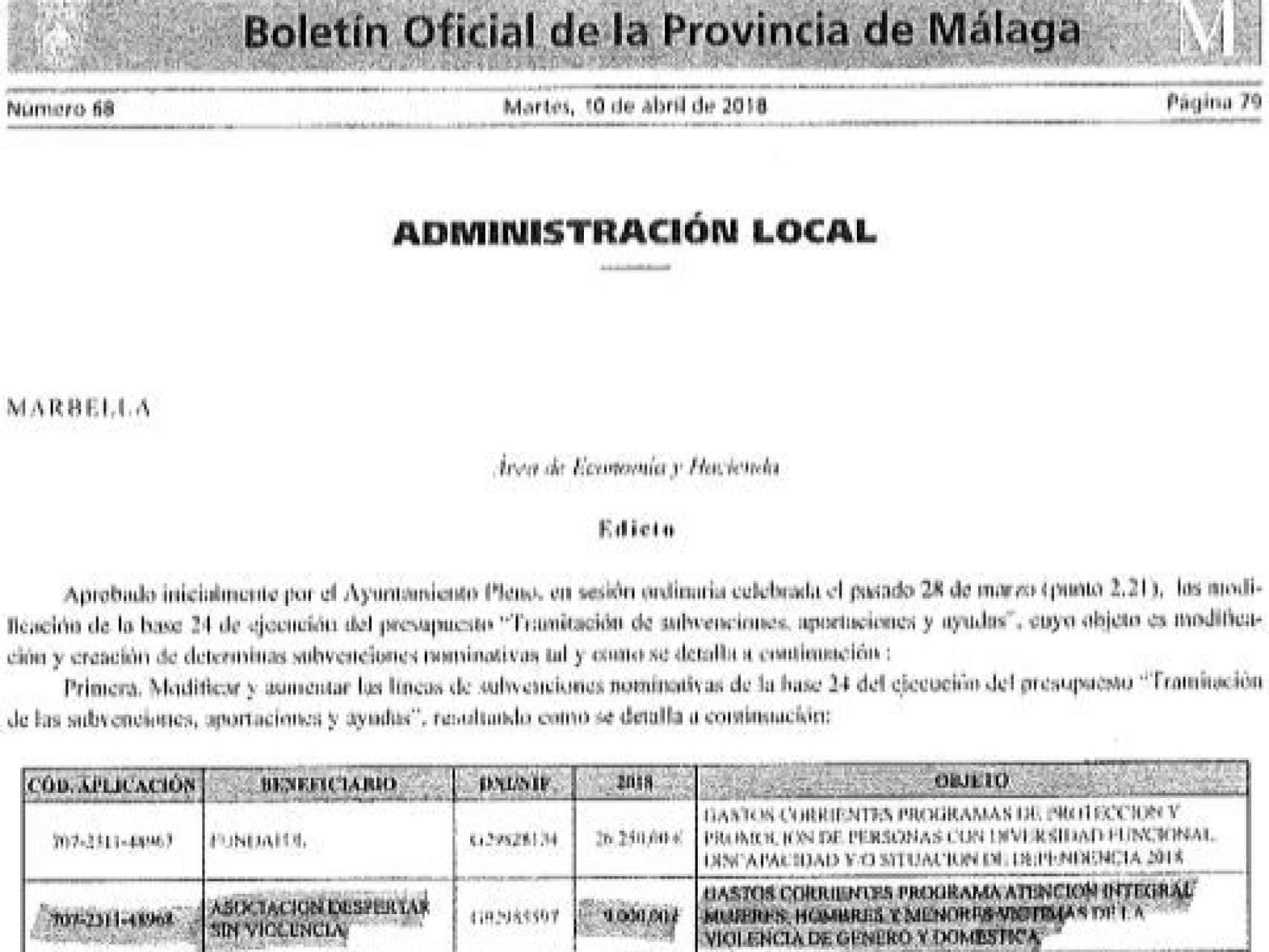 Edicto del Boletín Oficial de la Provincia de Málaga que refleja la concesión de la subvención.