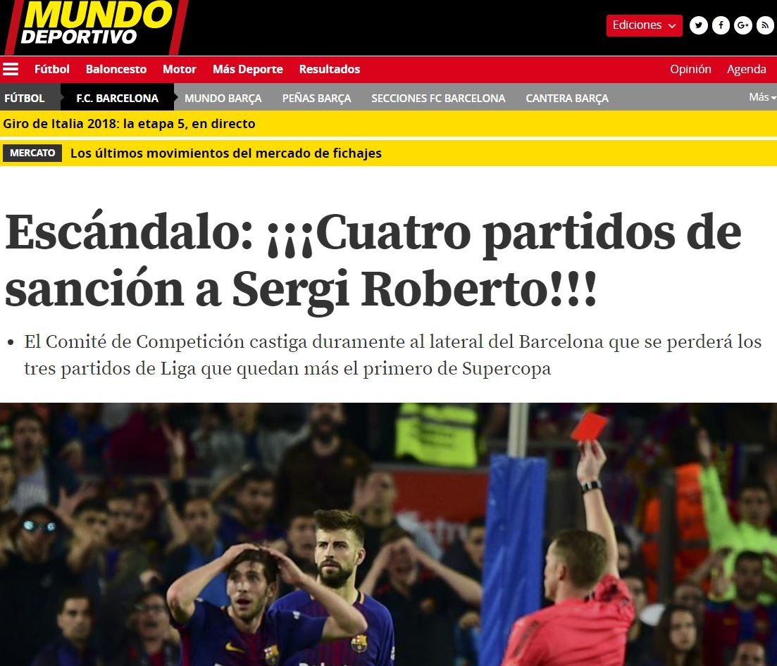 Mundo Deportivo critica la sanción a Sergi Roberto.