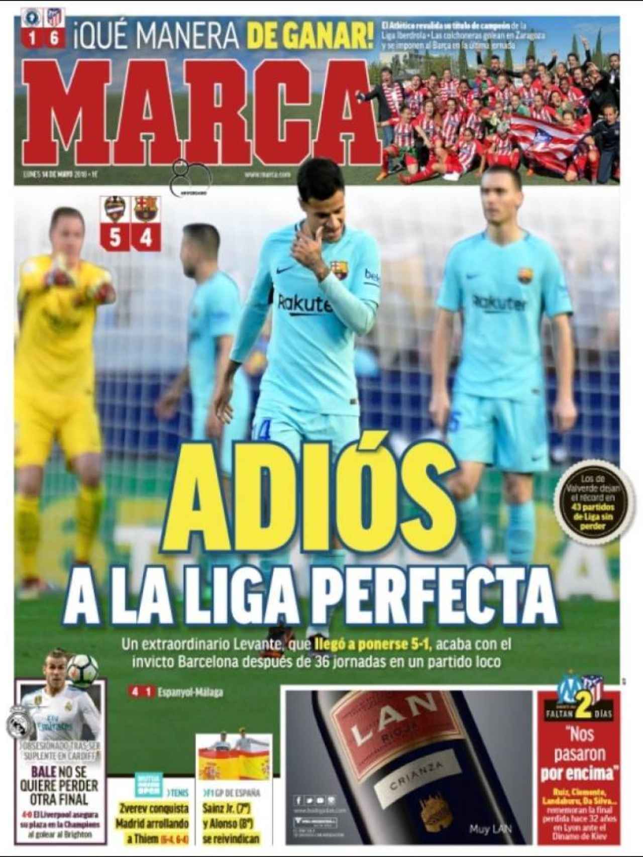 'Adiós a la Liga perfecta', titula MARCA sobre la derrota del Barcelona ante el Levante.