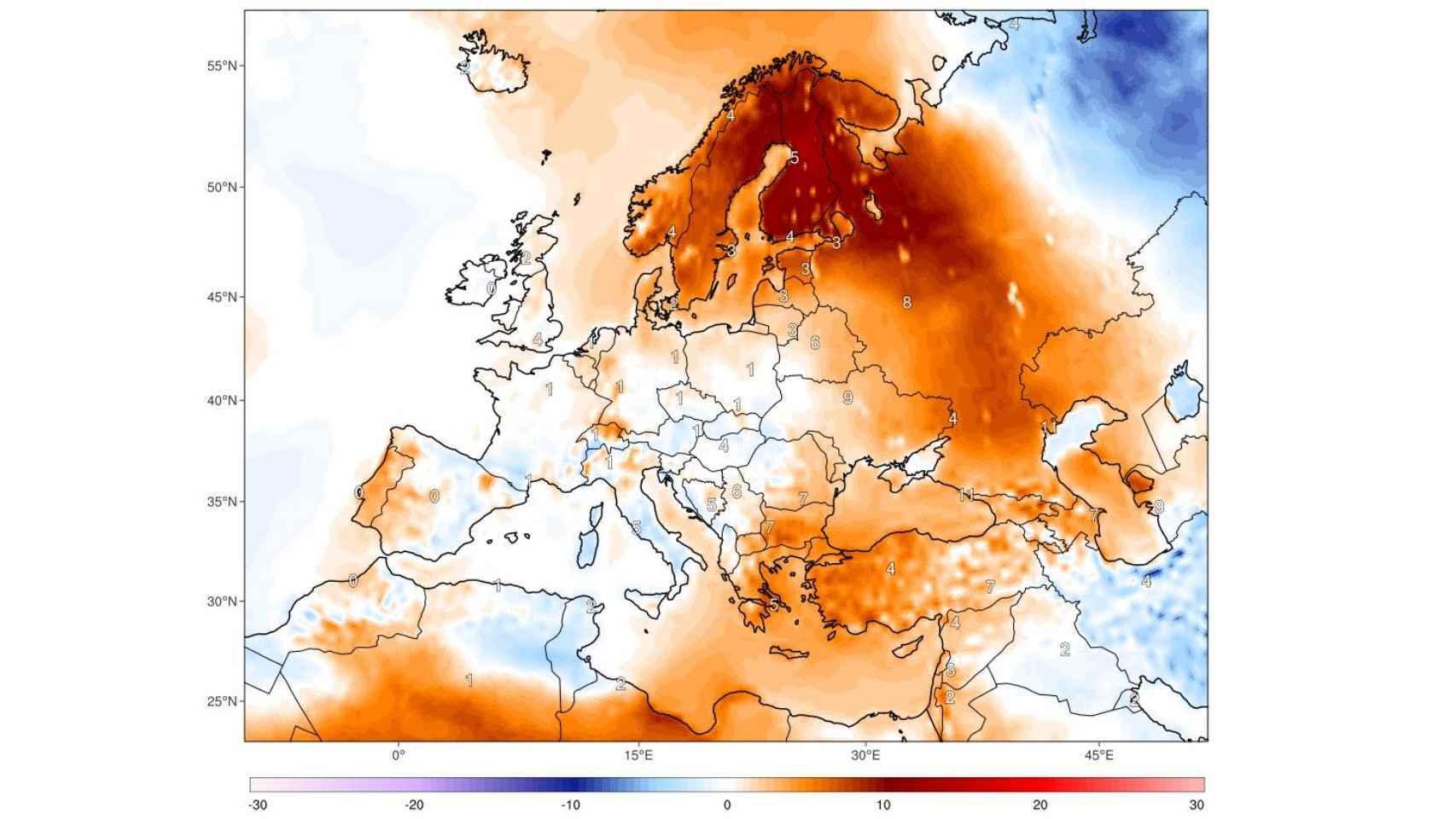 Distribución de las anomalías de temperaturas en Europa.