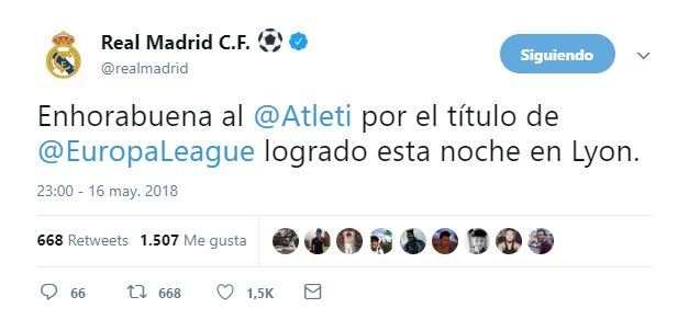 Así felicitó el Real Madrid al Atlético por la Europa League