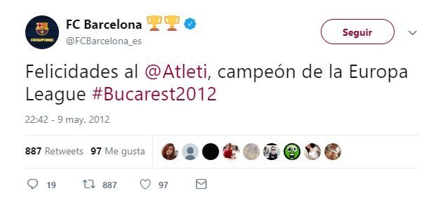Tuit del Barcelona felicitando al Atleti por su segunda Europa League.