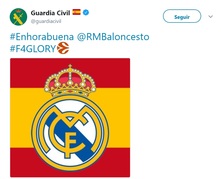 El polémico tuit de la Guardia Civil para felicitar al Madrid por La Décima