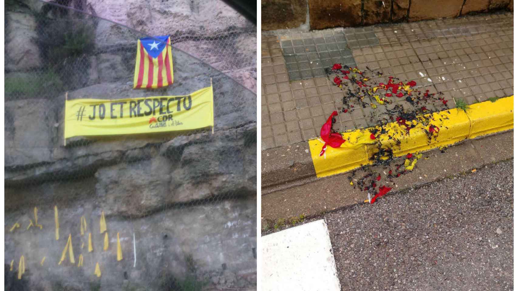 A la izquierda, el eslogan indepe que asegura que respetan la enseña nacional. A la derecha, en el mismo pueblo, la bandera de España quemada