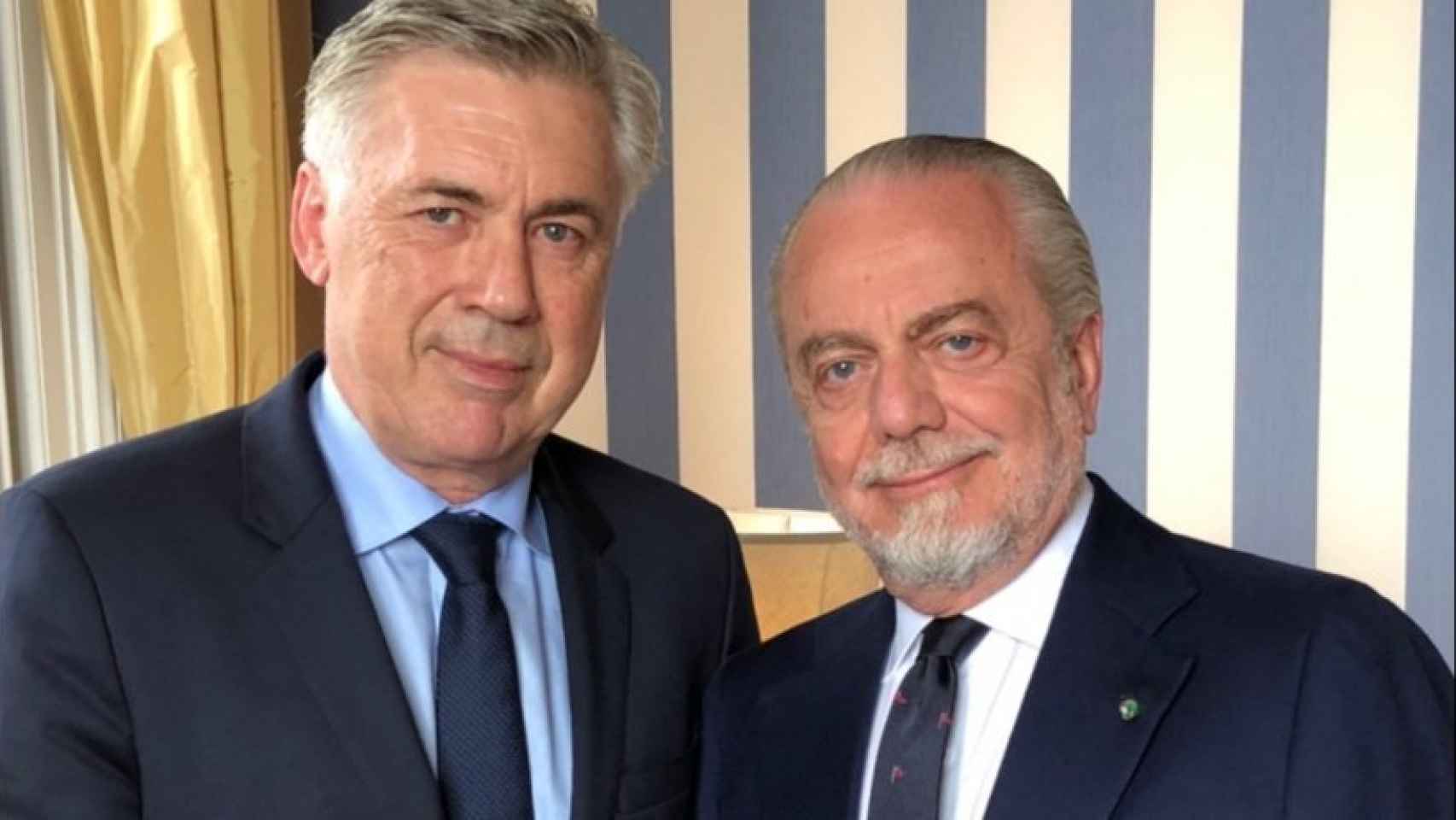 Ancelotti y De Laurentiis. Foto: Twitter (@chirichampions)