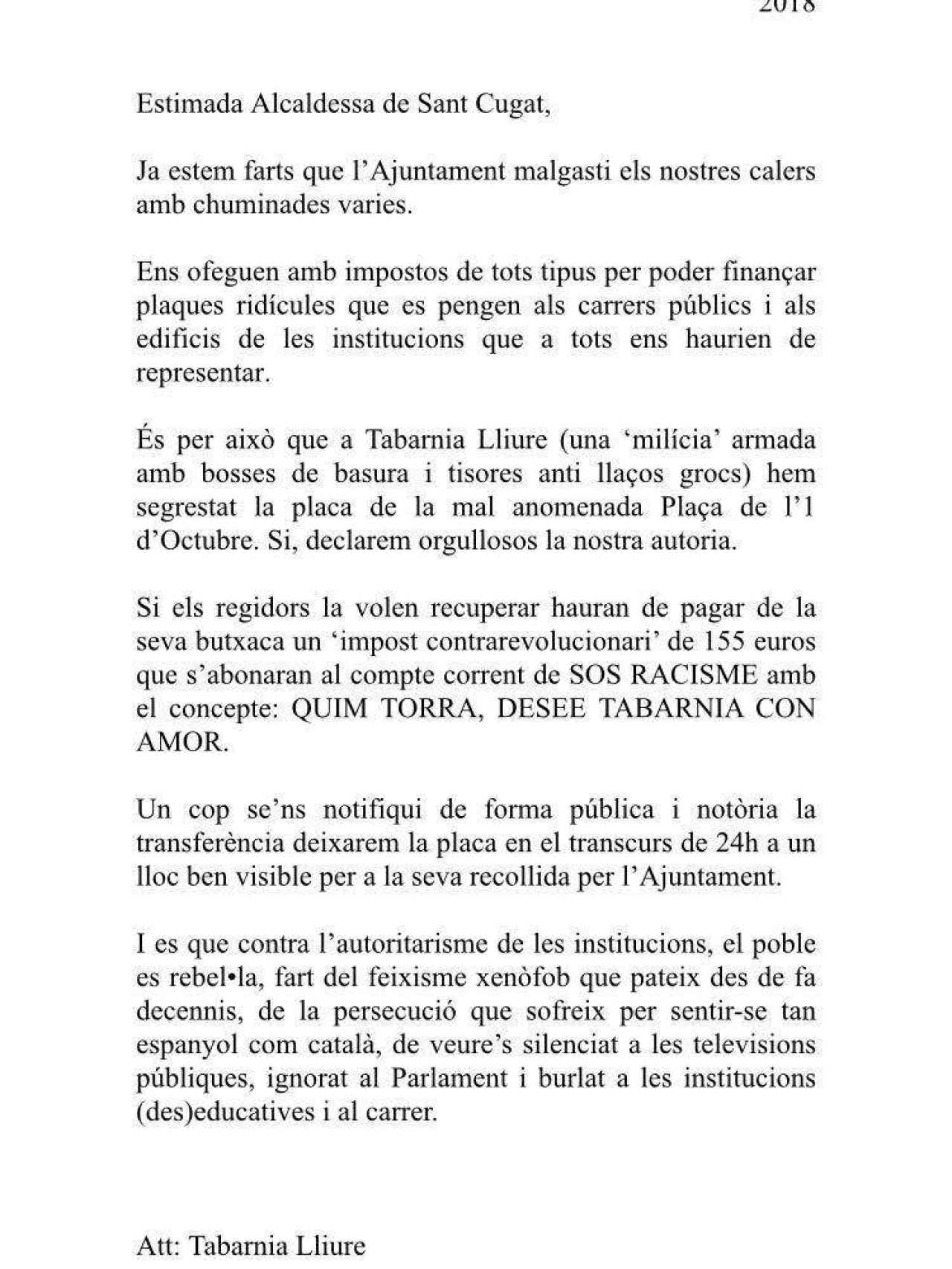 Carta original, en catalán, enviada por Tabarnia Lliure a la alcaldesa de Snt Cugat