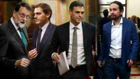 Rajoy, Rivera, Sánchez e Iglesias, a su llegada al Congreso.
