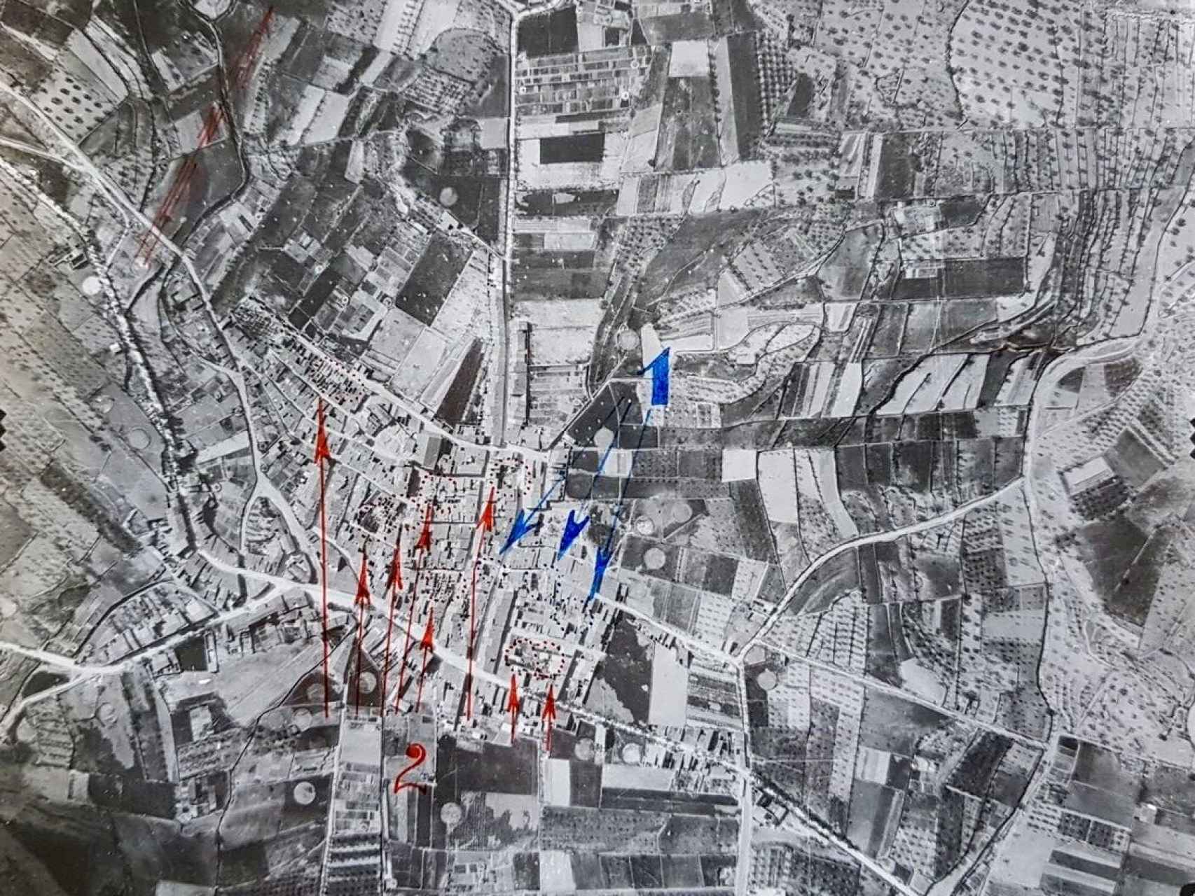 Mapa de los bombardeos del segundo día sobre el pueblo de Óscar.
