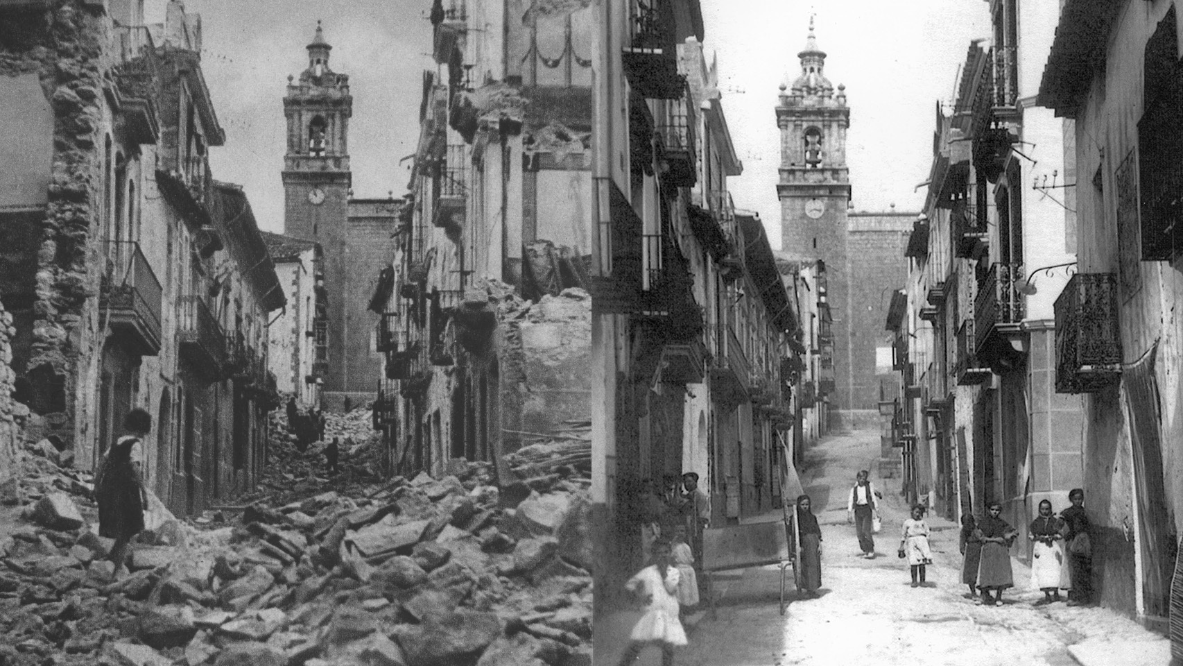 Una de las calles principales del pueblo de Benassal (Castellón), antes y después del bombardeo de los nazis en 1938.
