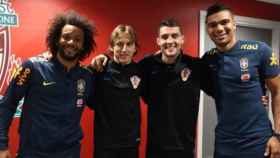 Marcelo, Luka Modric, Mateo Kovacic y Casemiro en Anfield (Instagram: @marcelotwelve)