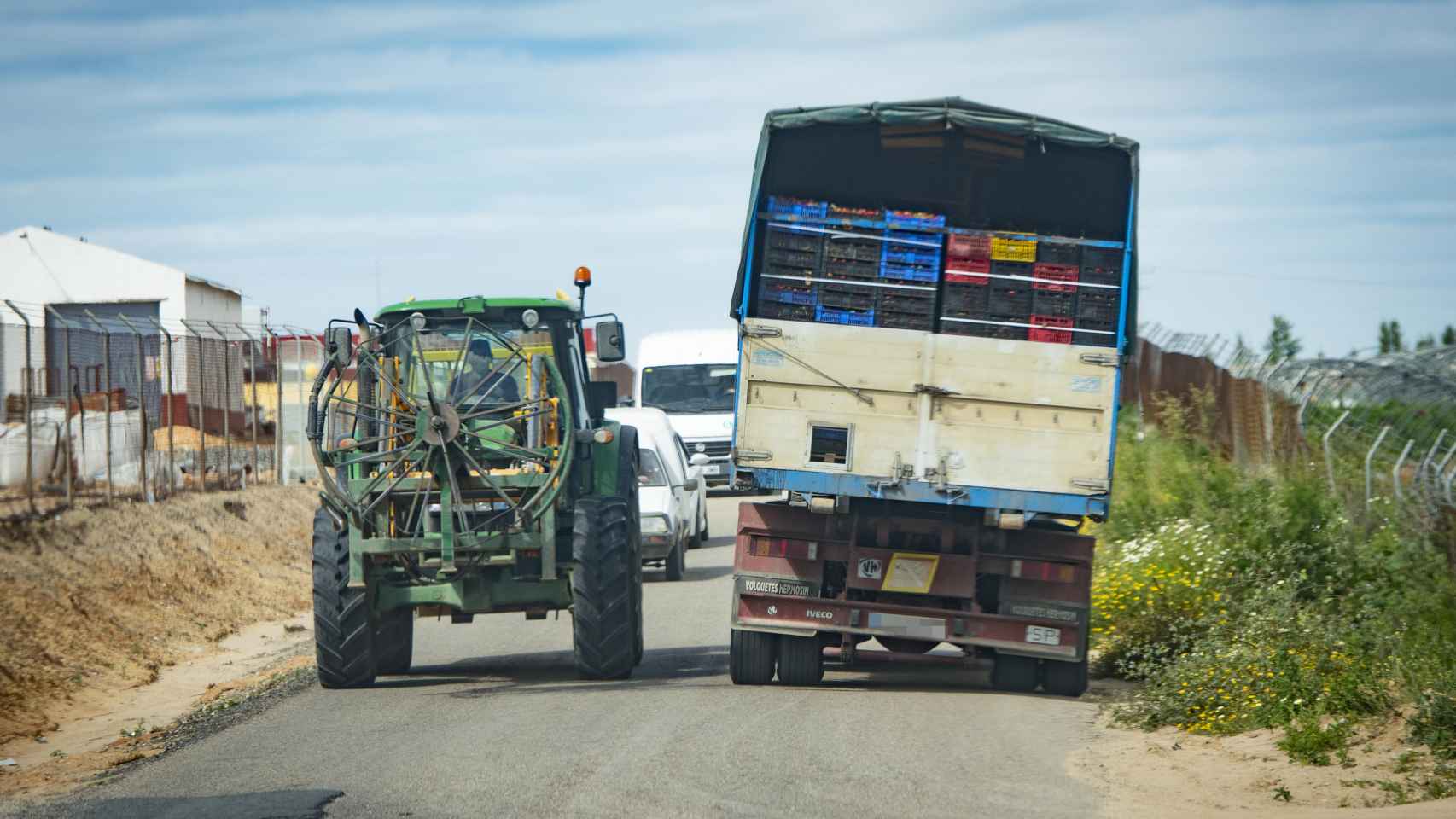 Un camión cargado de fresas circula por una carretera que conduce a varias fincas ubicadas entre Almonte y El Rocío (Huelva).