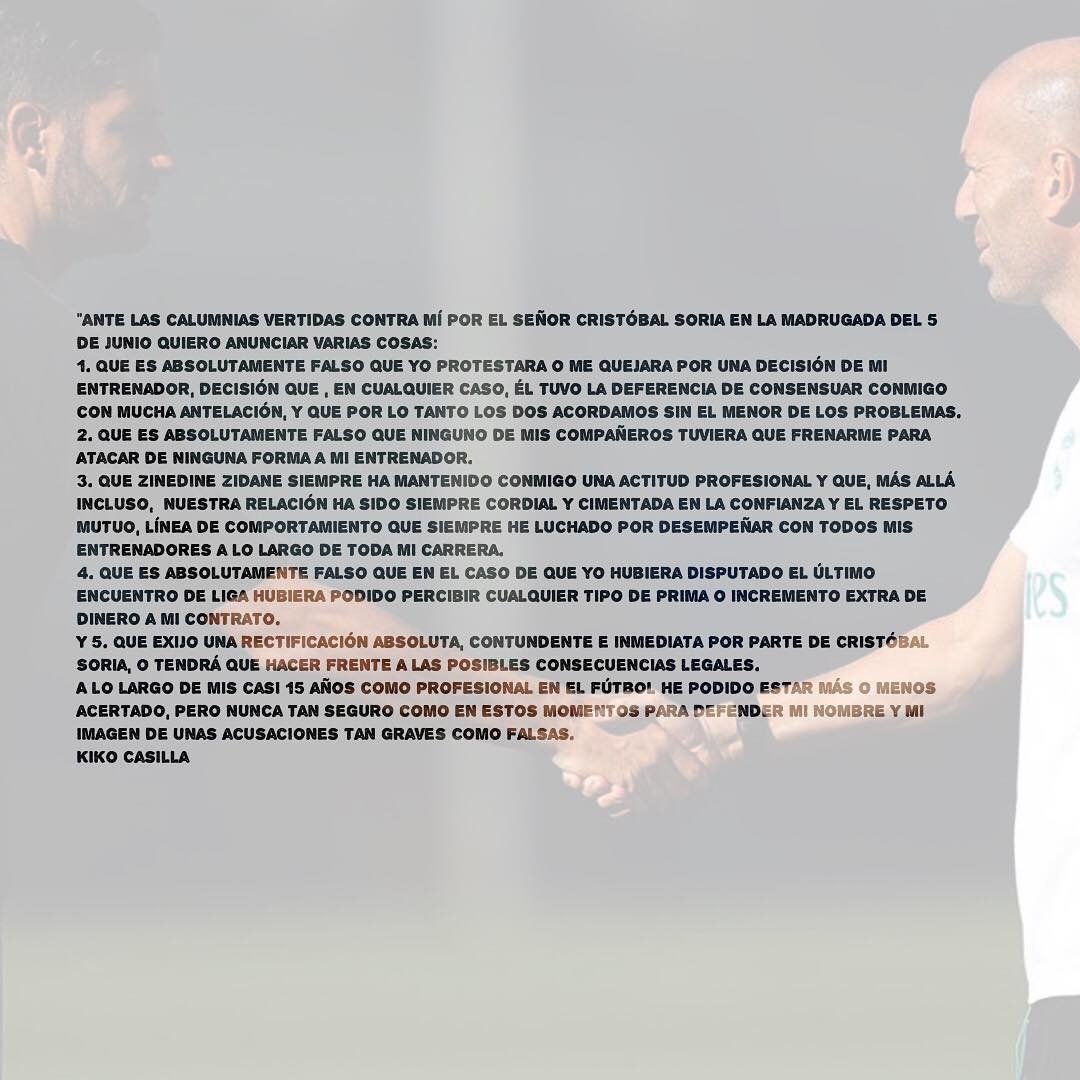 Kiko Casilla emite un comunicado para defenderse de las acusaciones de Cristóbal Soria.